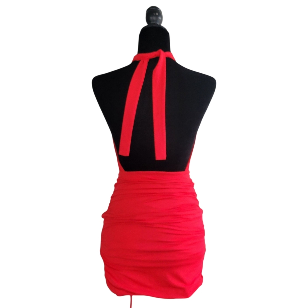 BABYBOO RED RUCHED HALTER CRISSCROSS SEXY DRESS - Picture 4 of 6